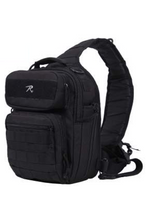 Load image into Gallery viewer, A black tactical sling backpack with multiple zippered compartments and a padded shoulder strap, shown against a plain white background.