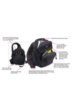 Load image into Gallery viewer, Black backpack shown on a white background with callout lines and text labels pointing to different features such as the top zipper, front pocket, and side compression straps.