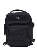 Load image into Gallery viewer, A black tactical-style backpack with a top carry handle, front flap pocket featuring a white stylized 'R' logo, and multiple zippered compartments, shown against a plain white background.